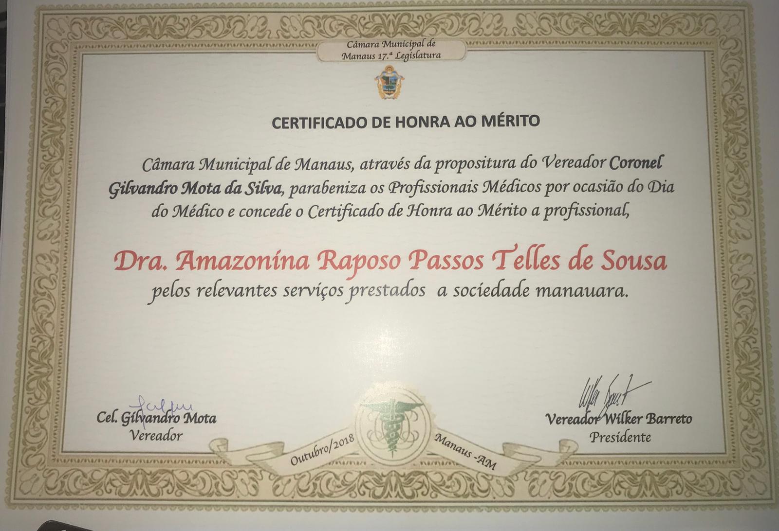 Certificado em homenagem à Dra. Amazonina Telles de Sousa 