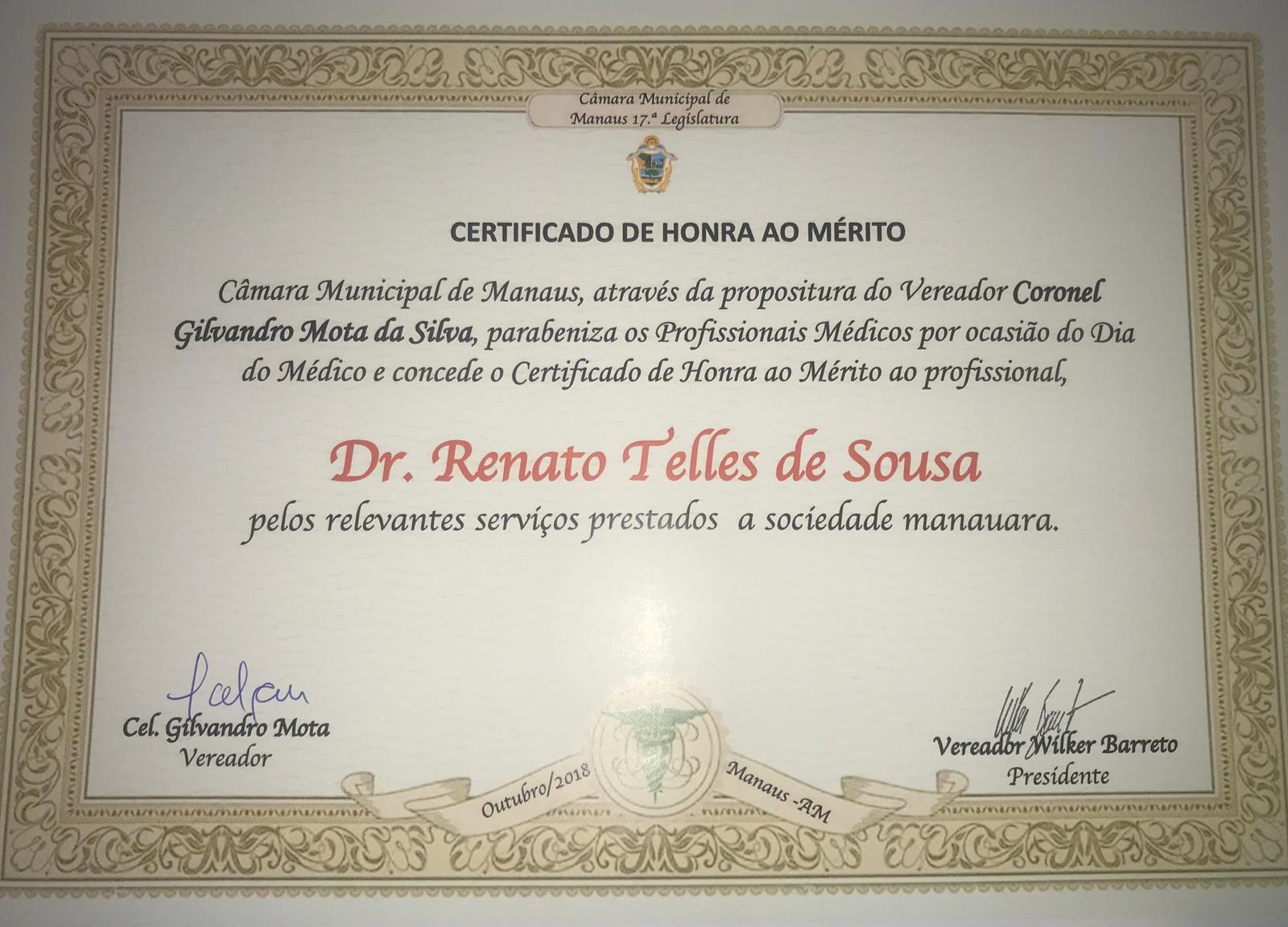 Certificado em homenagem ao Dr. Renato Telles de Sousa