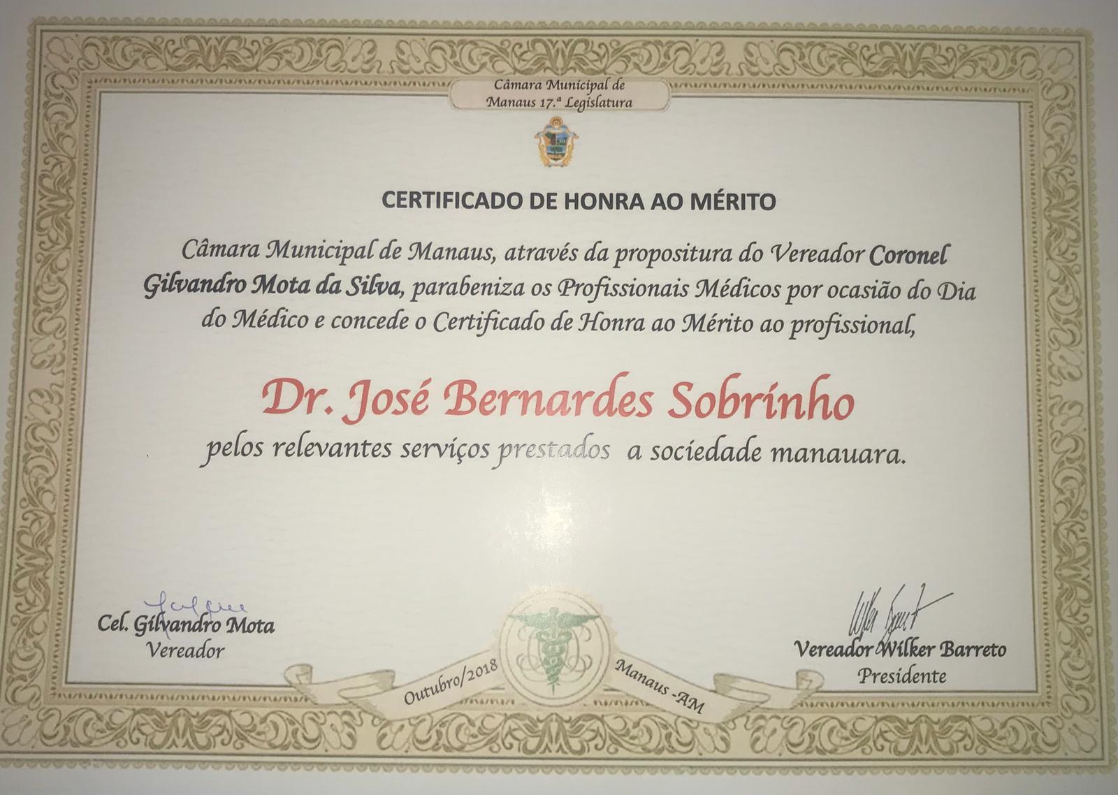 Certificado em homenagem ao Dr. José Bernardes Sobrinho