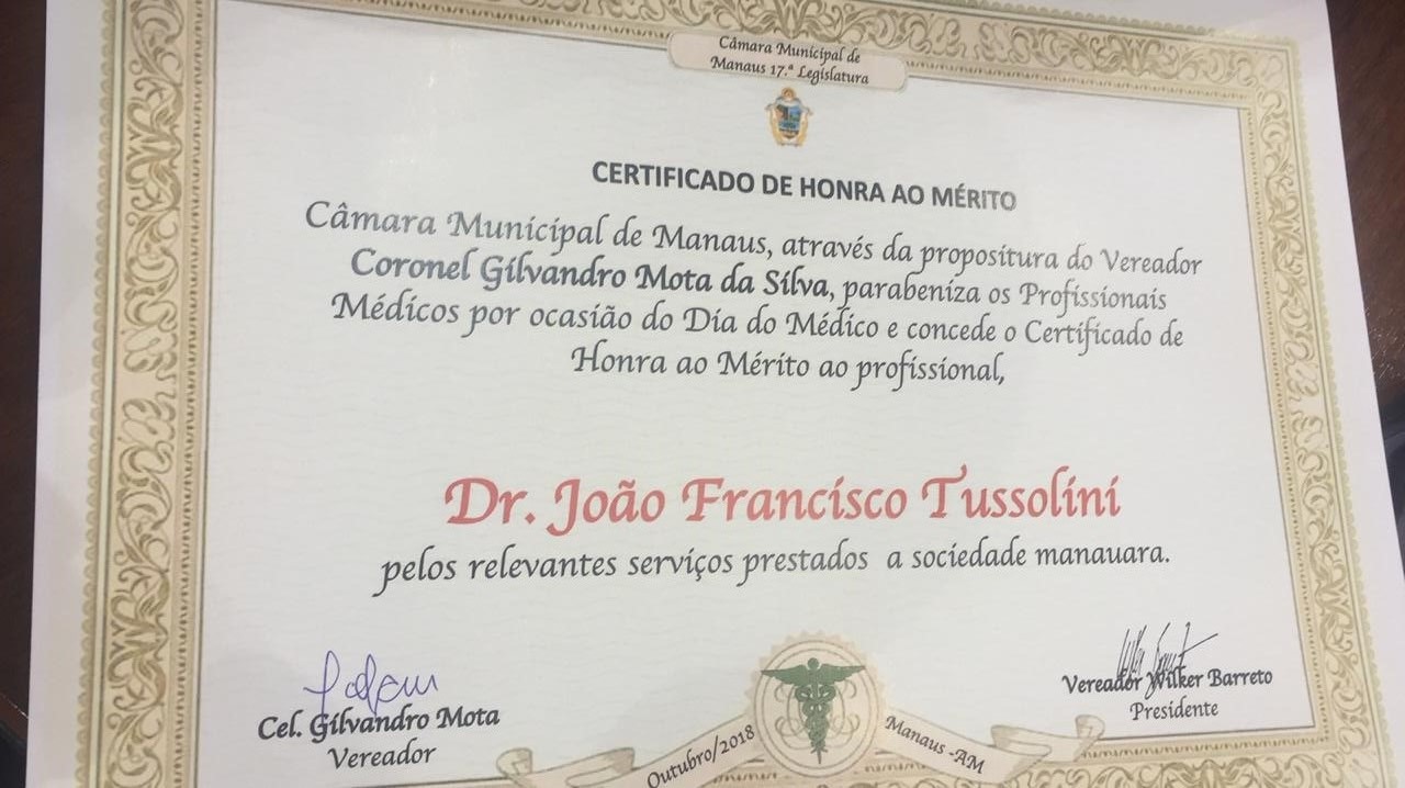 Certificado em homenagem ao Dr. João Francisco Tussolini